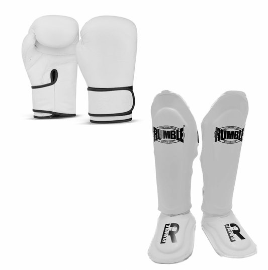Rumble Kickboks set Bokshandschoen R-Line & Scheenbeschermer Rumble Exclusive White 2.0