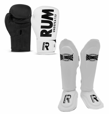 Rumble Kickboks set Bokshandschoen Undefeated & Rumble Scheenbeschermer Exclusive Wit