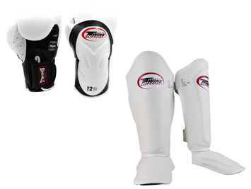 Twins Kickboks Set Bokshandschoen BGVL-6 Wit/Zwart & Scheenbeschermer SGL-7 Wit