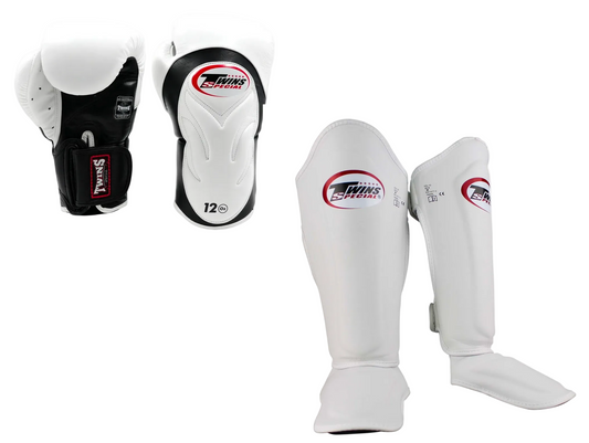 Twins Kickboks Set Bokshandschoen BGVL-6 Wit/Zwart & Scheenbeschermer SGL-7 Wit