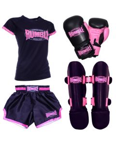 Rumble Kick-Thaiboksset Ready 2.0 zwart-roze + kledingset RTSD-17 met RS-70