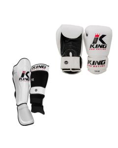 King Pro Boxing Kickboks Set Bokshandschoen BG-2 Wit & Scheenbeschermer SG-3 Wit
