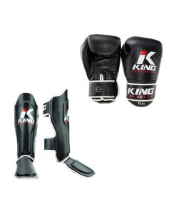 King Pro Boxing Kickboks Set Bokshandschoen BG-3 Zwart & Scheenbeschermer SG-1 Zwart